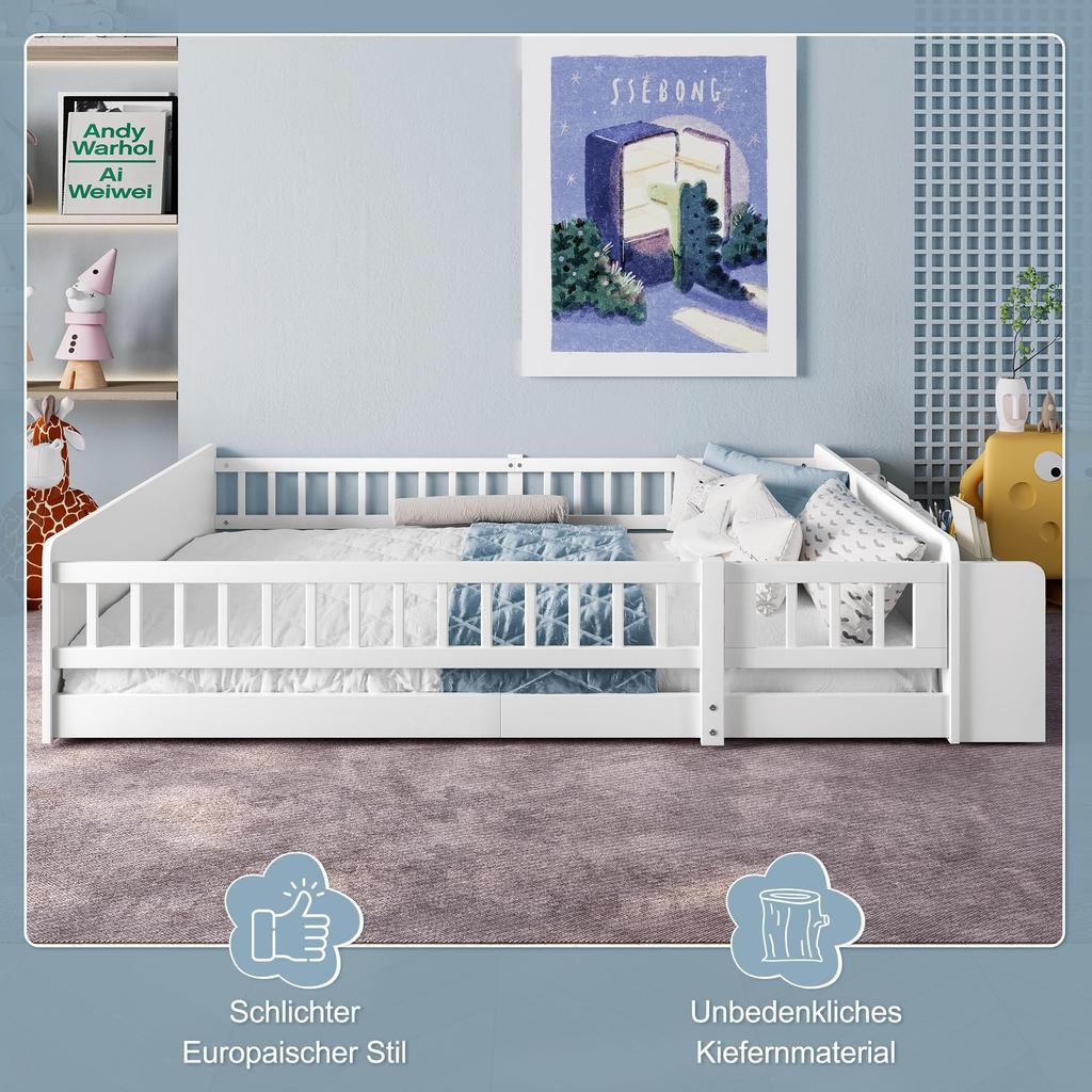 Pat de copii pat de podea 140x200 protecție laterală somieră gard deschizabil Montessori spațiu de depozitare rafturi cadru lemn pat de tineret până la 200 kg