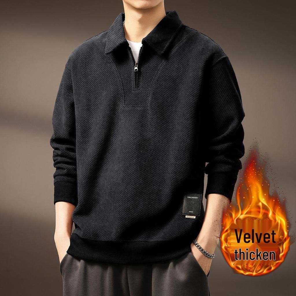 Men's High-End Half-Zip Corduroy Plush Hoodie: European Cotton, Ribbed Long Sleeve, Loose Fit, Autumn Polo Shirt.