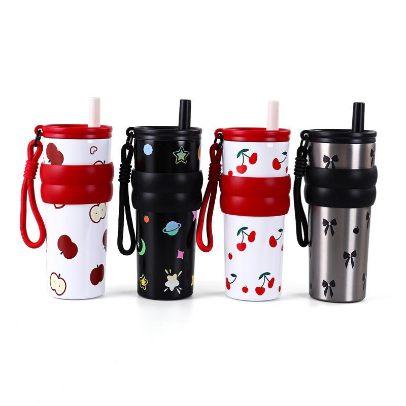 High-value Thermos Cup with Carrying Rope Portable Ice Cup Large-capacity Car Straw Water Cup