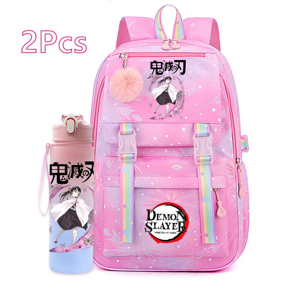 2Pcs/set Anime Cartoon Demon Slayer Printed Backpack with 750Ml Water Bottler for Teenager Bookbag Large Capacity Waterproof Travel Bag Gift