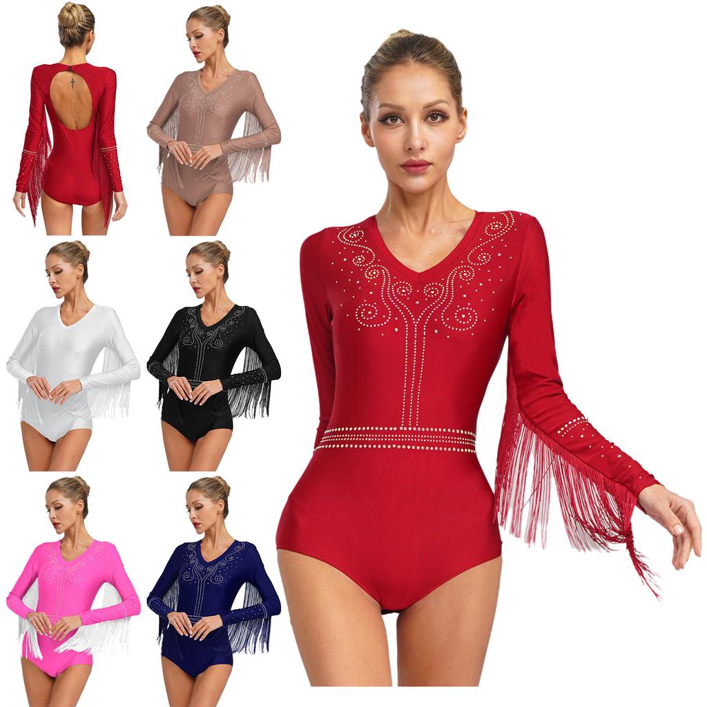 Womens Latin Dance Costume Shiny Rhinestone Tassel Leotard V Neck Long Sleeve Cutout Back Bodysuit for Tango