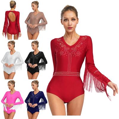 Dam Latin Tango Dans Glänsande Strass Tofs Leotard V-ringning Långärmad Utskuren Rygg Bodysuit