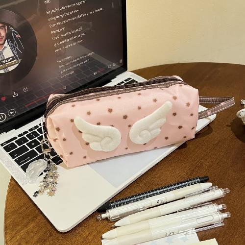 New Pink Cute Wings Design Pencil Case Large Capacity Strawberry Chocolate Star Pattern School Supply Organizer for Students
