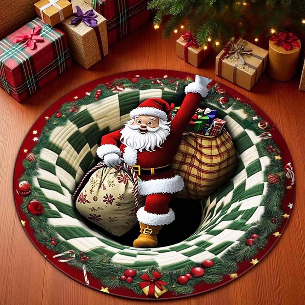 2D Flat Printed 3D Illusion Rug Santa Claus Xmas Home Decor Round Vortex Carpet  Indoor