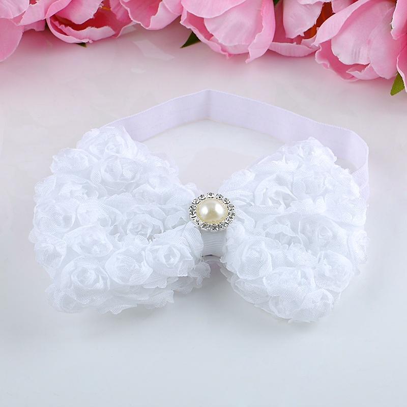 Baby flower headband pink or white rose design bow lace w faux pearls 6-24months