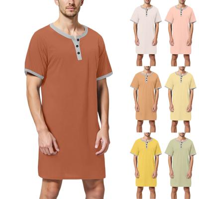 Men's Solid Color Cotton Short-sleeved Pajamas Button-down Collar Long Loose Pajamas Home Clothes