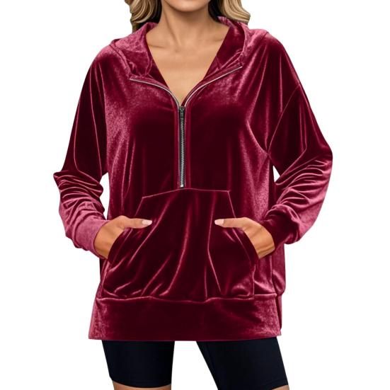 Samt Kapuzenpullover für Damen Oversized Langarm Zip-Up Hoodie Lässige Herbst Veloursjacke mit Taschen