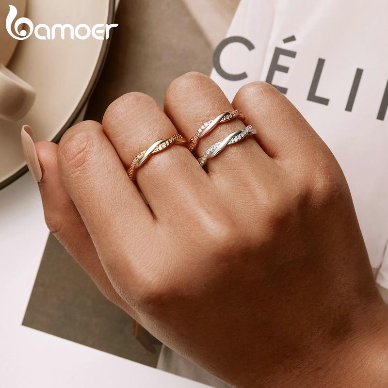 BAMOER 925 Silver Simple Twisted Rope Ring, Gold Plated Cubic Zirconia Eternity Band Stackable for Women Engagement