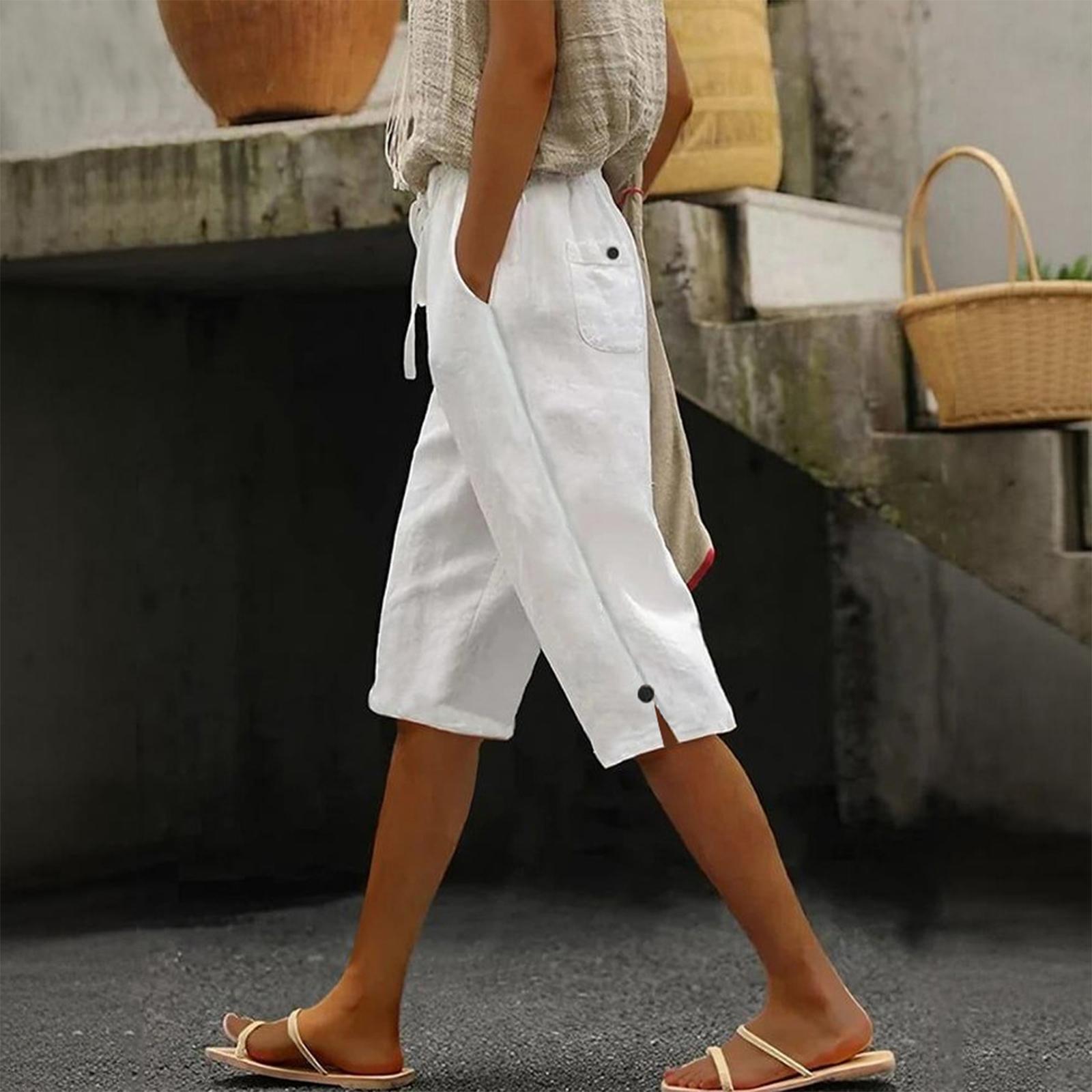 

Women s Casual Fashion -Color Elastic Waistband Pocketed Wide-Leg Straight-Cut Shorts S белый
