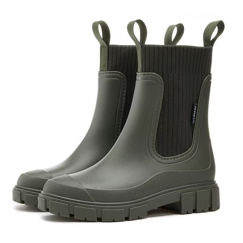 Woman's Air Mesh Elastic High Top Rain Boots Four Seasons Thick Sole Non Slip Waterproof Round Toe Fashion Block Heel Water Shoe