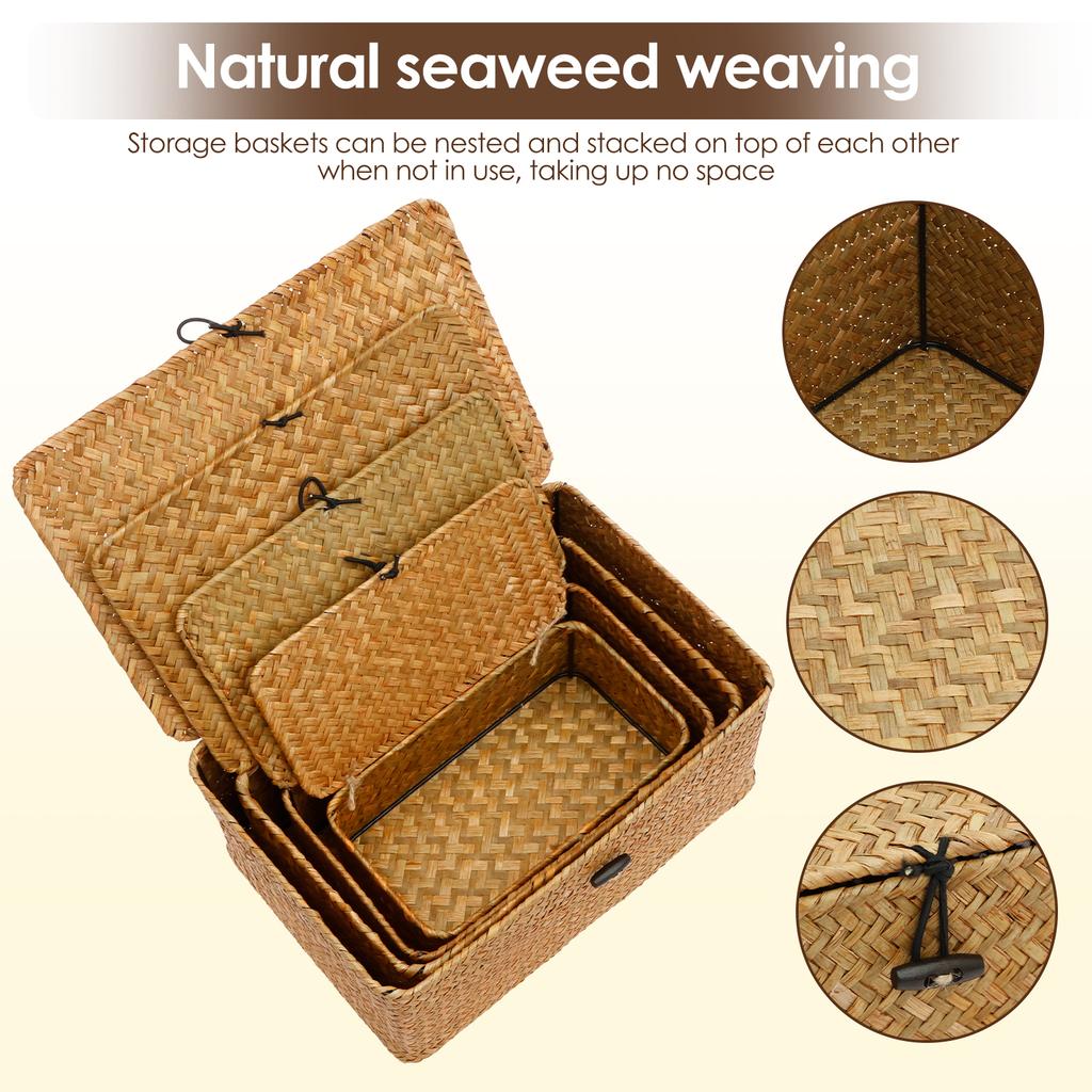4Pcs Seagrass Rattan Storage Bin Household Clothes Toy Storage Box for Living Room Table Sundries Organizers Basket