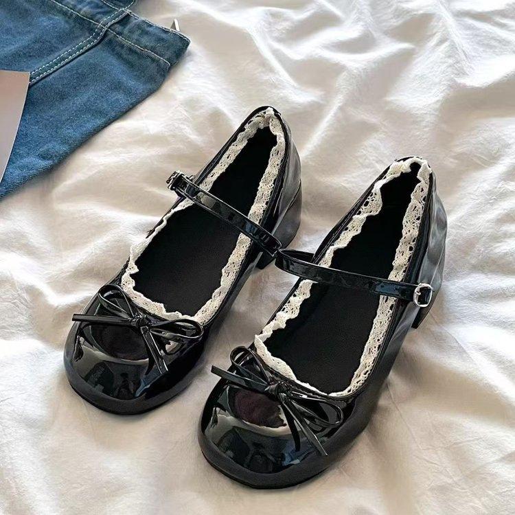 Neue Damen Mary Jane Schuhe Mode Schmetterlingsknoten Lackschuhe Damen Schlicht Outdoor Dicke Ferse Lederschuhe 39 schwarz