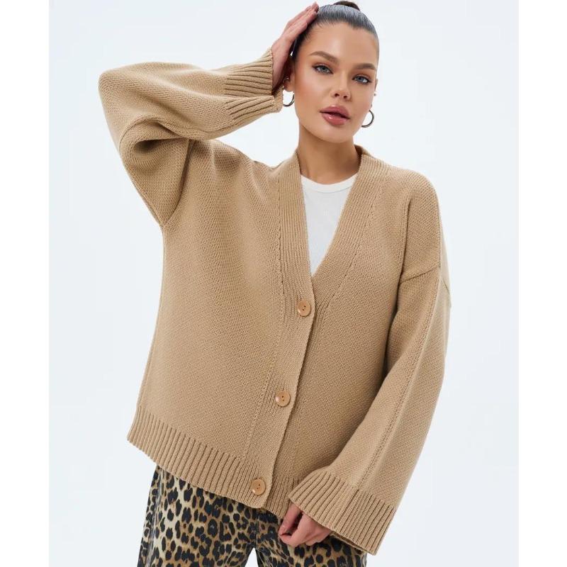 TIFICY Women's Fashion Casual Fall Winter Solid Color Print Long Sleeve V-Neck Sweaters
