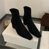 Retro Thick-heeled Short Boots for Women In Autumn and Winter 2025, New Square Head Suede Rear Zipper Small Ankle Boots, Elastic and Thin Boots 