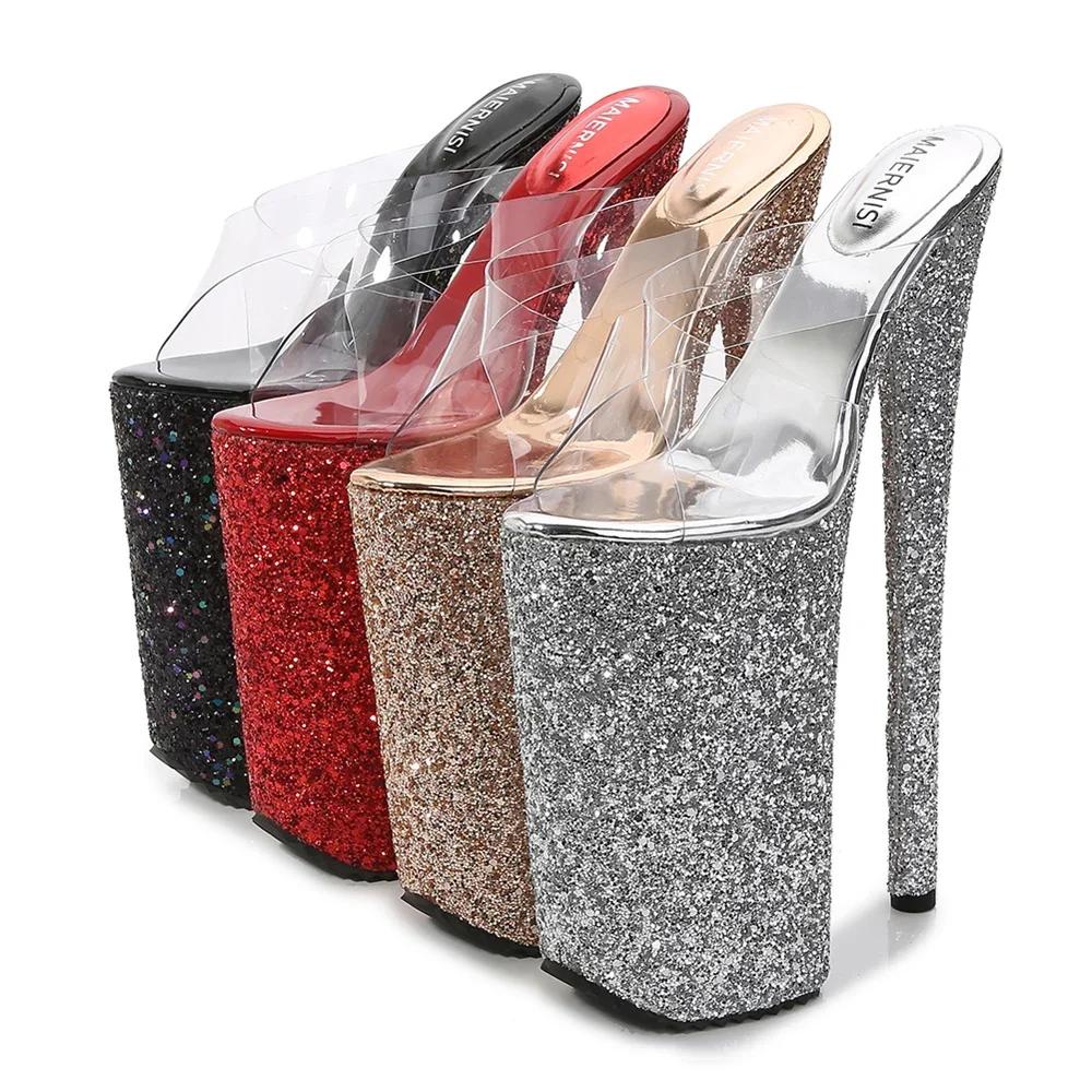 Fashion Fashion Models Transparent Sexy Slippers 2024 Summer New Women Sequins Platform High Heels Shoes 26CM Stilettos Sandals Ladies