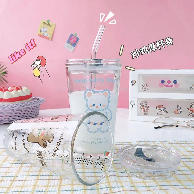 New 480ML Kawaii Glass Straw Cup with Cover Cartoon Water Cup Drinkware Juice Tea Coffee Milk Cup Glass Mugs Gift