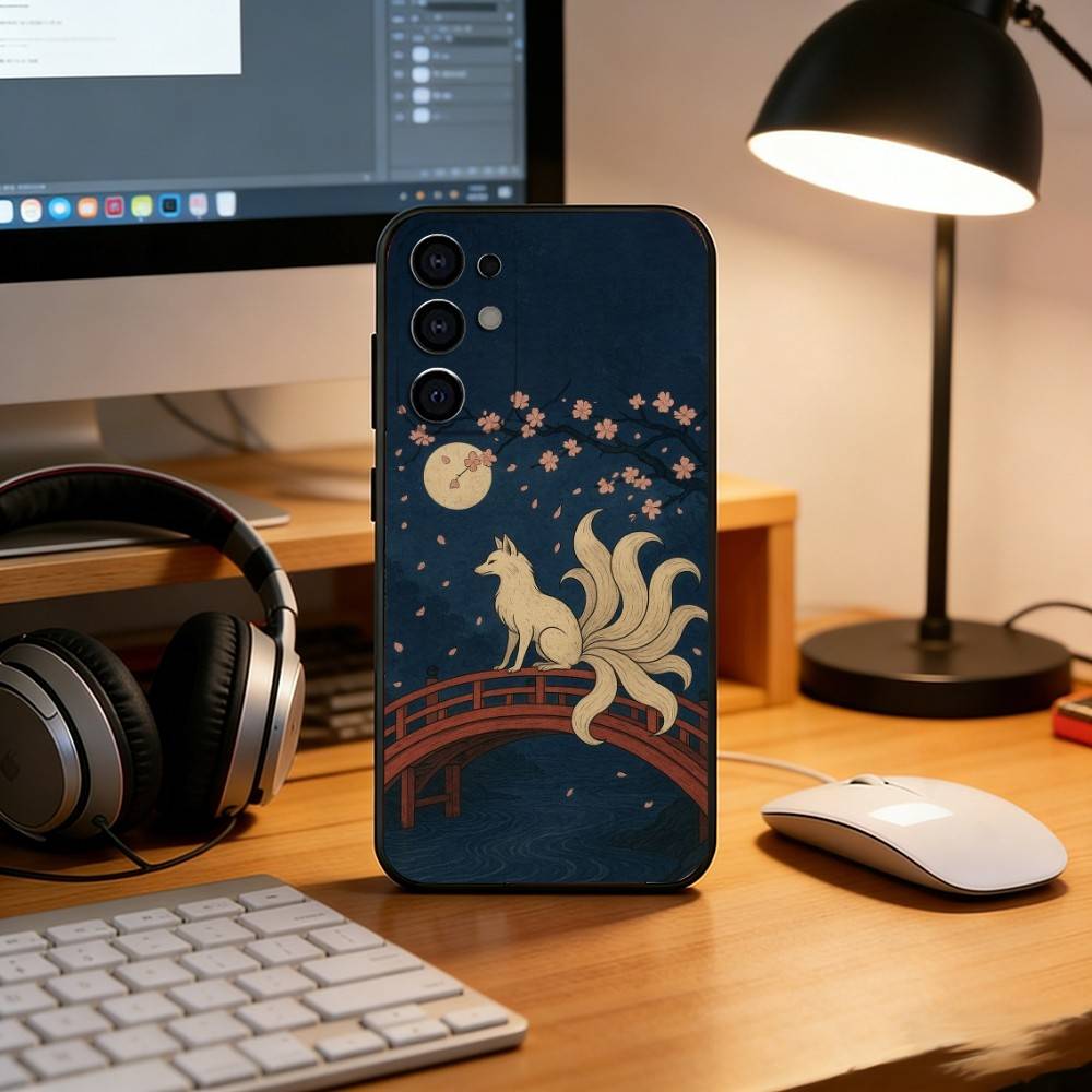Nine-Tailed Fox Pattern Phone Case Black Silicone Soft For Samsung S25,S24,S21,S22,S23,S30,Ultra,S20,Plus,Fe,Lite