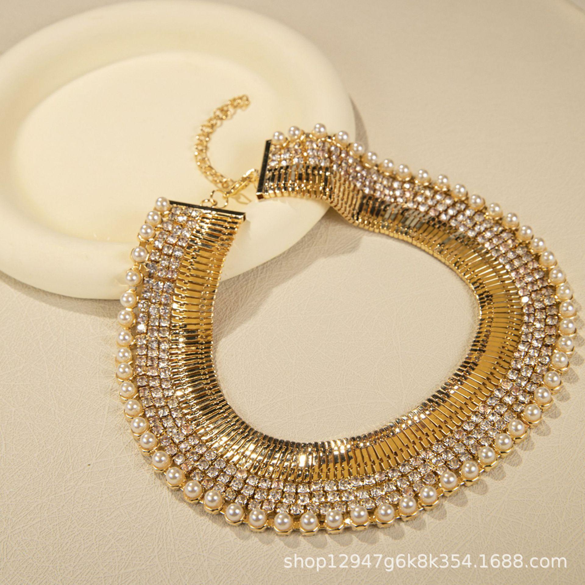 Industry Exaggerated Multi-layer Metal Claw Chain Necklace, Fashionable Rhinestone Imitation Pearl Exaggerated Watch Chain Necklace