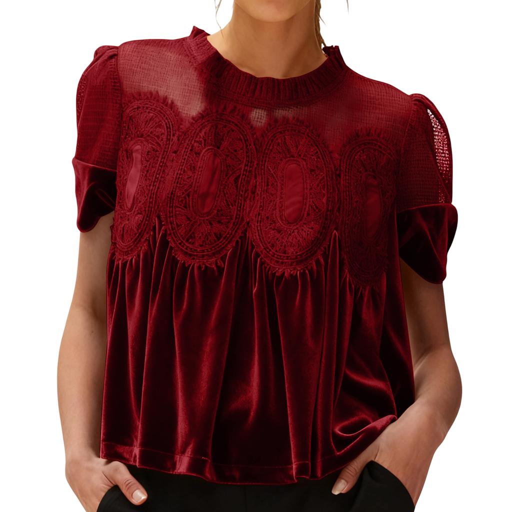 Women's Solid Color Gold Velvet Short Sleeved Round Neck Top