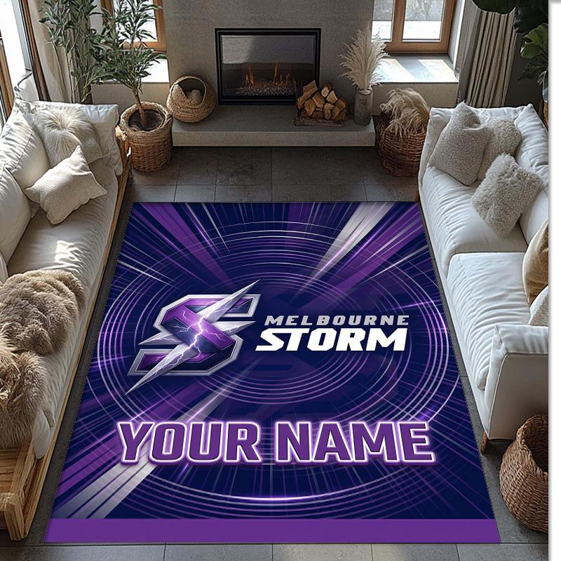 Melbourne Storm Crystal Velvet Rug, Custom Name Text Personalized Non‑Slip Floor Mat for Home Decor Gift