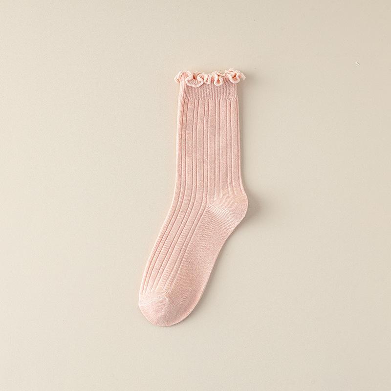 Boneless Socks, Women's Summer Breathable Cotton Socks, Solid Color Mid-calf Socks, Black Fungus Lace, Spring and Autumn Pile Socks