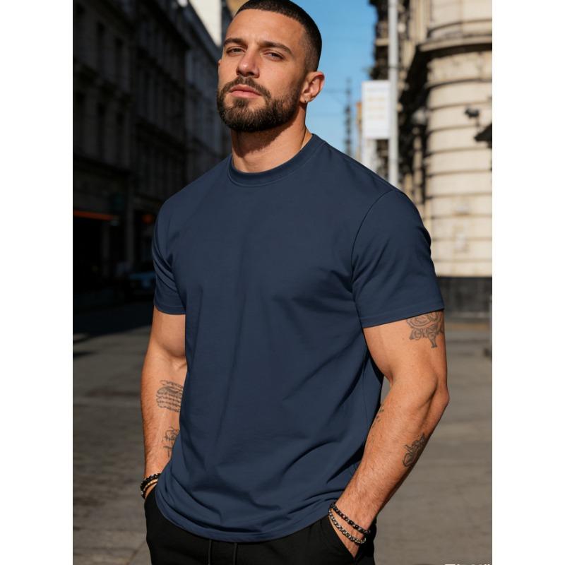 Spring Summer Men's 100% Cotton Crew Neck Short Sleeve T-Shirt Casual Solid Color Tee