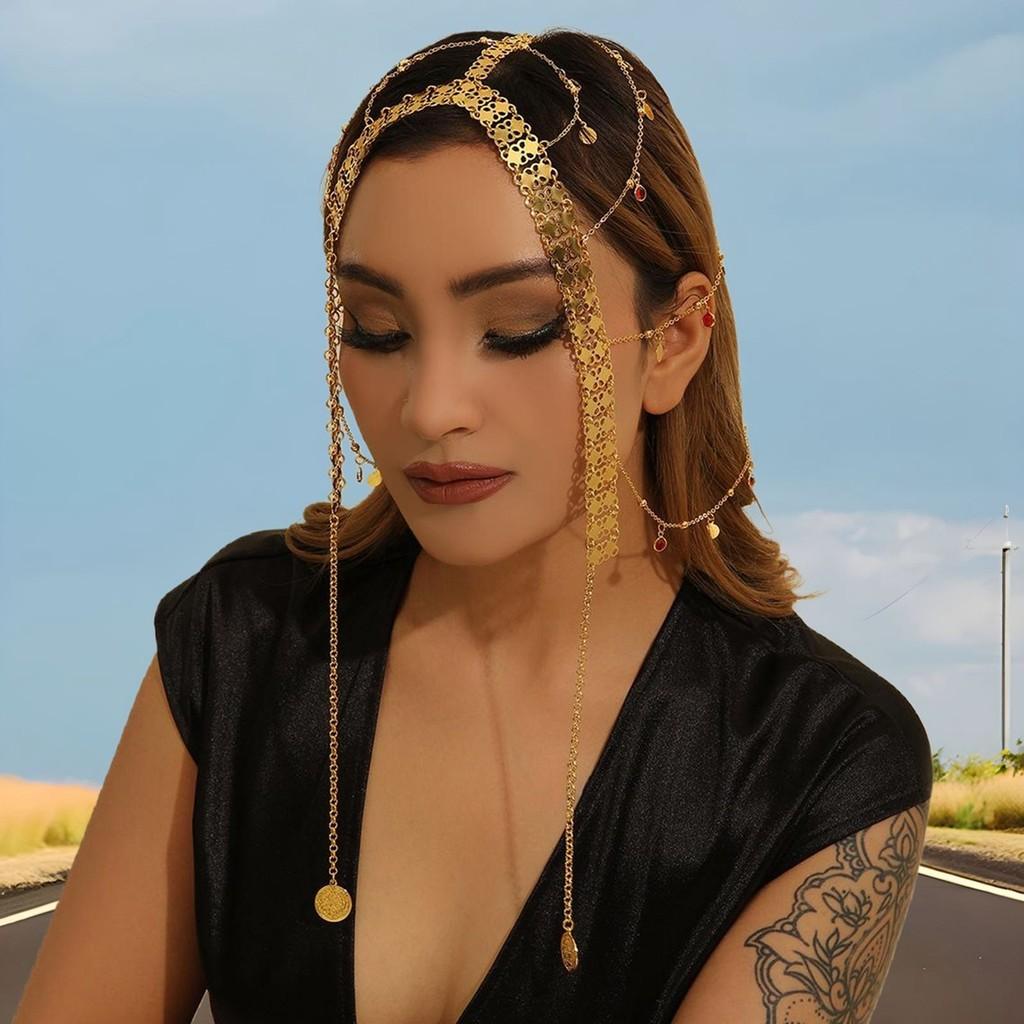 Middle Style Eastern Golden Headpiece With Tassels And Coin For Travel Holiday