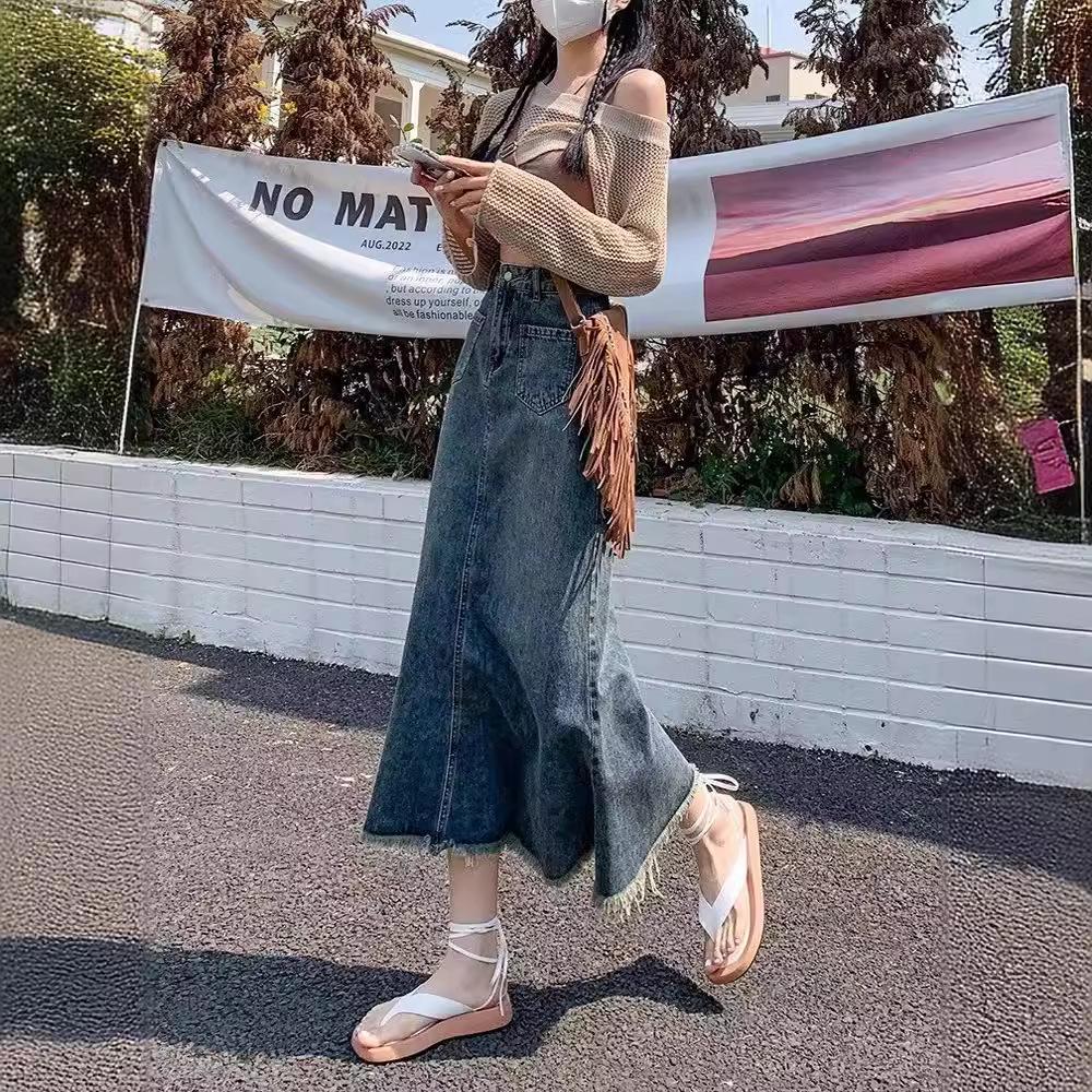 2024 Autumn Women's High Waist Retro Denim Fishtail Skirt