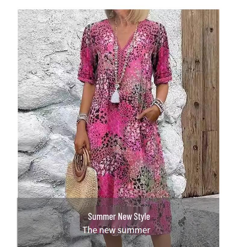 2025 European & American Fashion V-Neck Lace Print Short Sleeve Dress