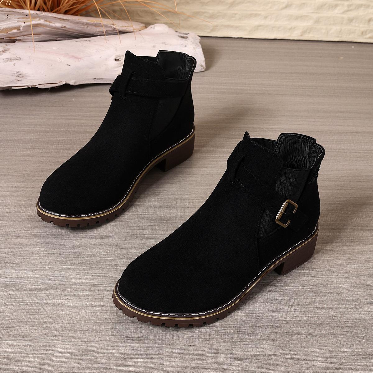 

Women s Boots 2026 Autumn Winter Thick Bottom Belt Buckle Decoration Round Head Short Boots Polyurethane Material Ankle Boots 35 чорний