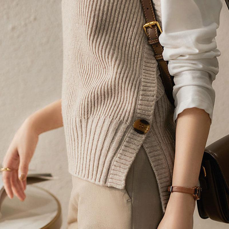 Split Design Sense Knitted Vest Retro Round Neck Versatile Outer Wear Thin Vest Sleeveless Vest Sweater Women
