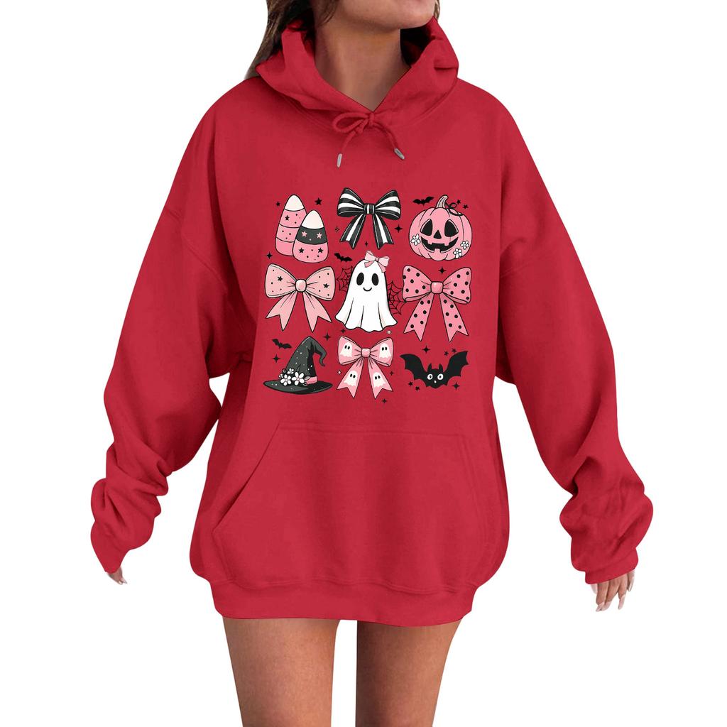Women's Casual Fashion Comfortable Round Neck With Hood Long Sleeve Halloween Print Warm Sweatshirt