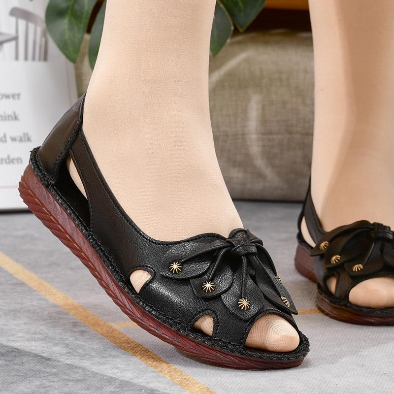 Summer Sandals Women's Mother Shoes Leather Soft Bottom Non-slip Fish Mouth Comfortable Large Size Hole Shoes Hollow Women's Shoes