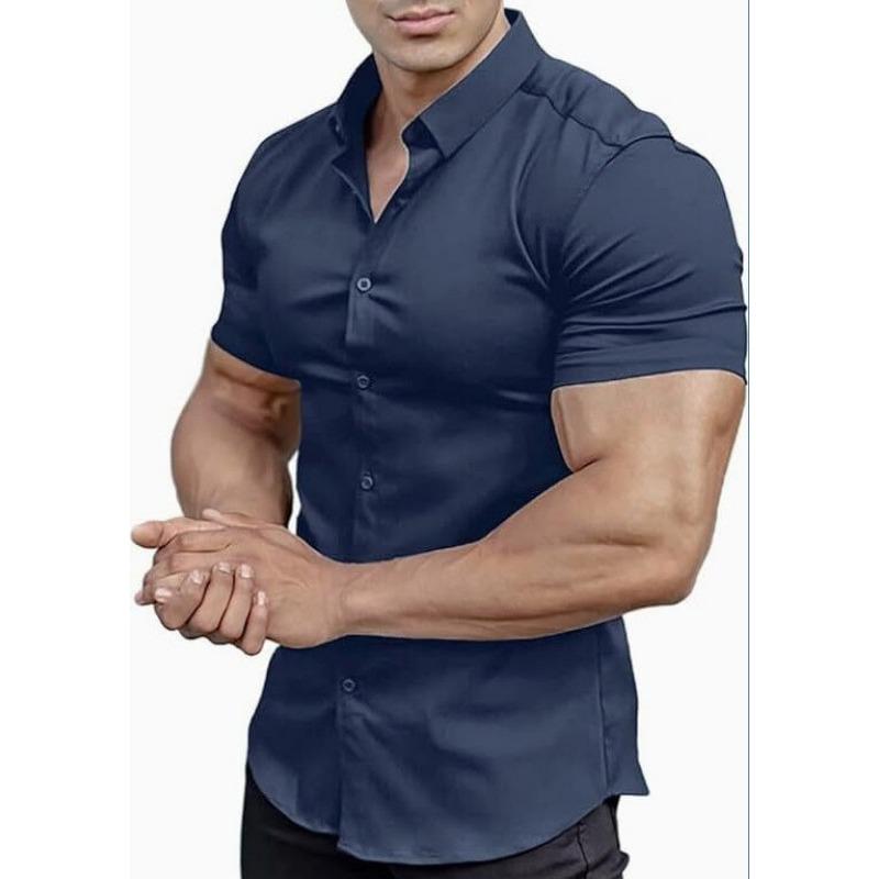 Men Short Sleeve Turn Down Collar Solid Casual Shirt