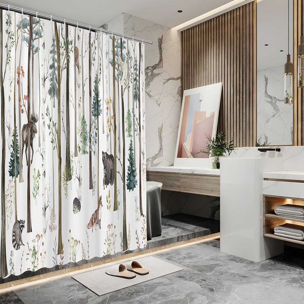 Forest Animal Scene Shower Curtain - Bear, Moose, Fox, Squirrel & Trees, Polyester Fabric, Autumn Snow Design, Bathroom Decor