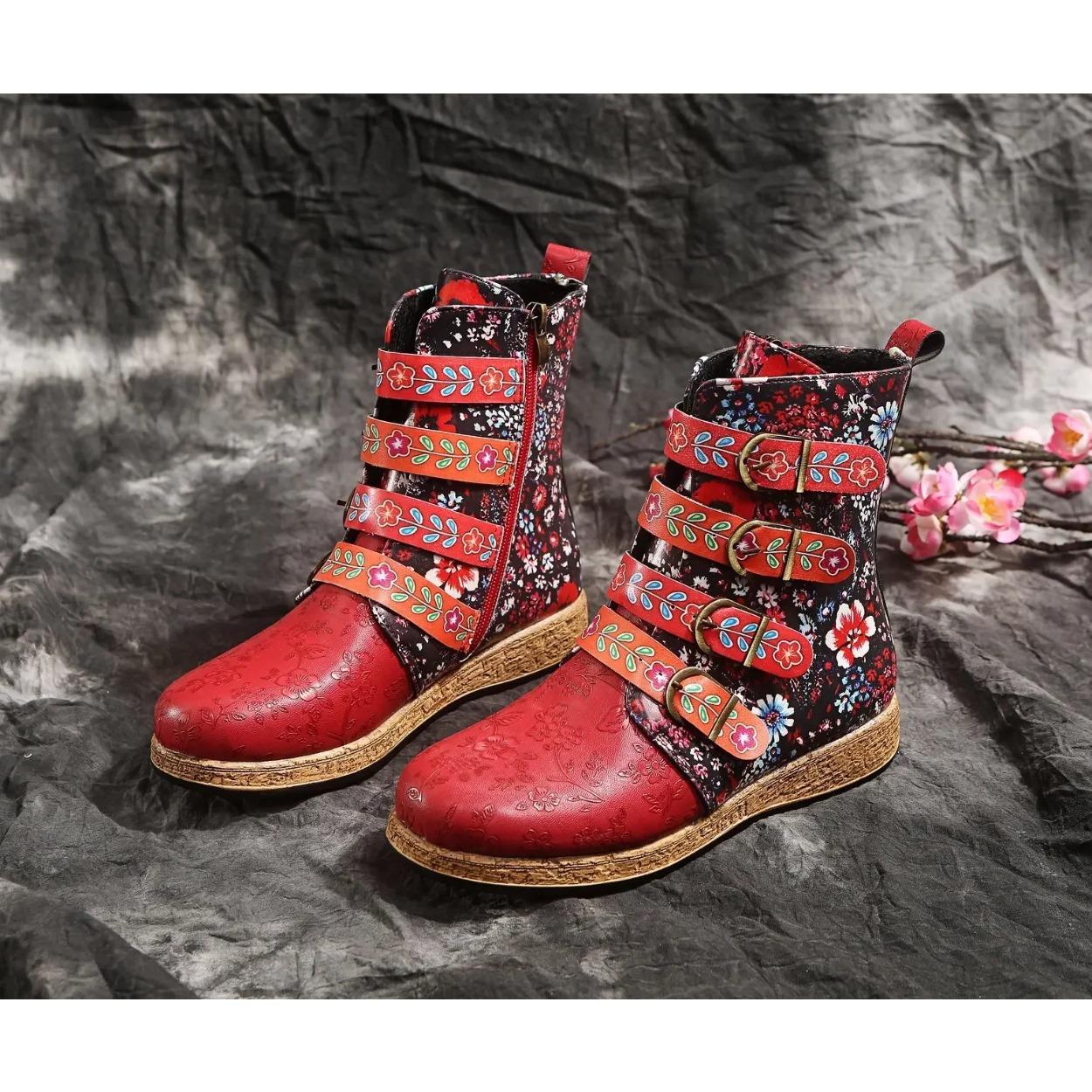 

Женские ботильоны, осенние, новые, в стиле ретро, этнические, с металлической пряжкой, мягкие кожаные, с молнией, короткие ботинки, обувь Botines Mujer 44 красный