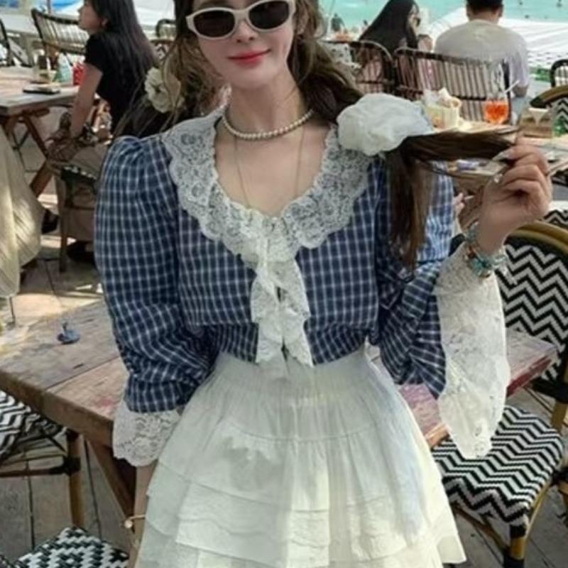 Women's Checkered Shirt Loose V-neck Lace Patchwork Design Famale Puff Sleeve Blouse Spring Summer Daily Fashion Ladies Pullover Top