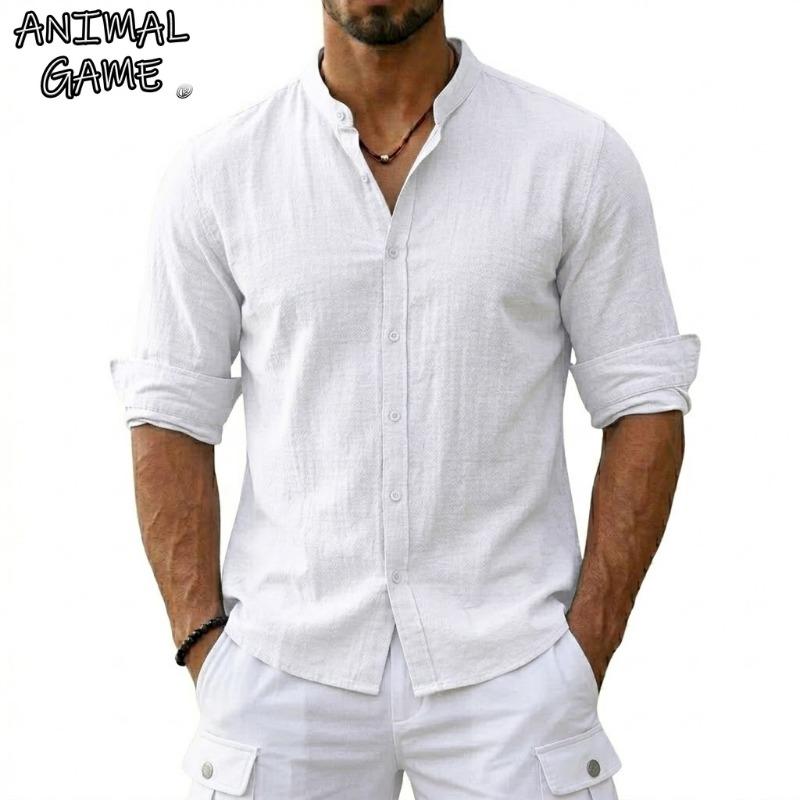 Nuevas Camisas de Algodón y Lino para Hombre Casual Lujo Hawaianas Ligeras Manga Larga Henley Camisas de Playa Camisetas para Hombre 5XL white