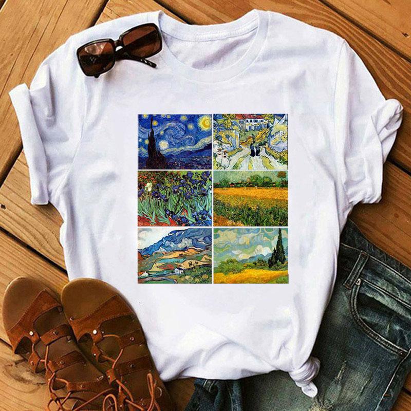 

Подсолнух Принтированная футболка Van Gogh Art Tee Рубашки Мода Женщины Топы Футболки Харадзюку Футболки Женская футболка Одежда Femina