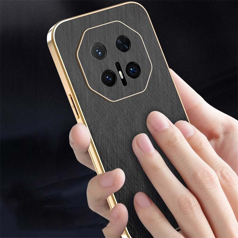 6D Plating Gold Silk Texture Leather Phone Case For Huawei Mate 70 RS 60 Pro Plus Ultra Slim Electroplated Cover Pura 70 P60 Pro