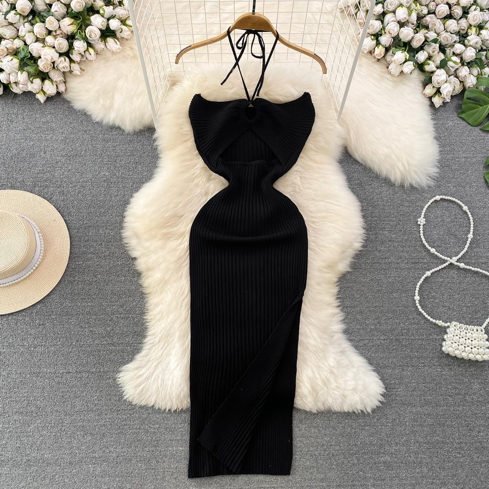 Summer Women's Dress Celebrity Temperament Hanging Neck Hollowed Tight Slim Backless Sleeveless Medium-length Split Package Hip Knit Bottom Dress