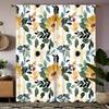 2Pc Yellow Floral And Green Leaf Pattern Curtains, Polyester Fabric, Machine Washable, Suitable For Living Room, Bedroom