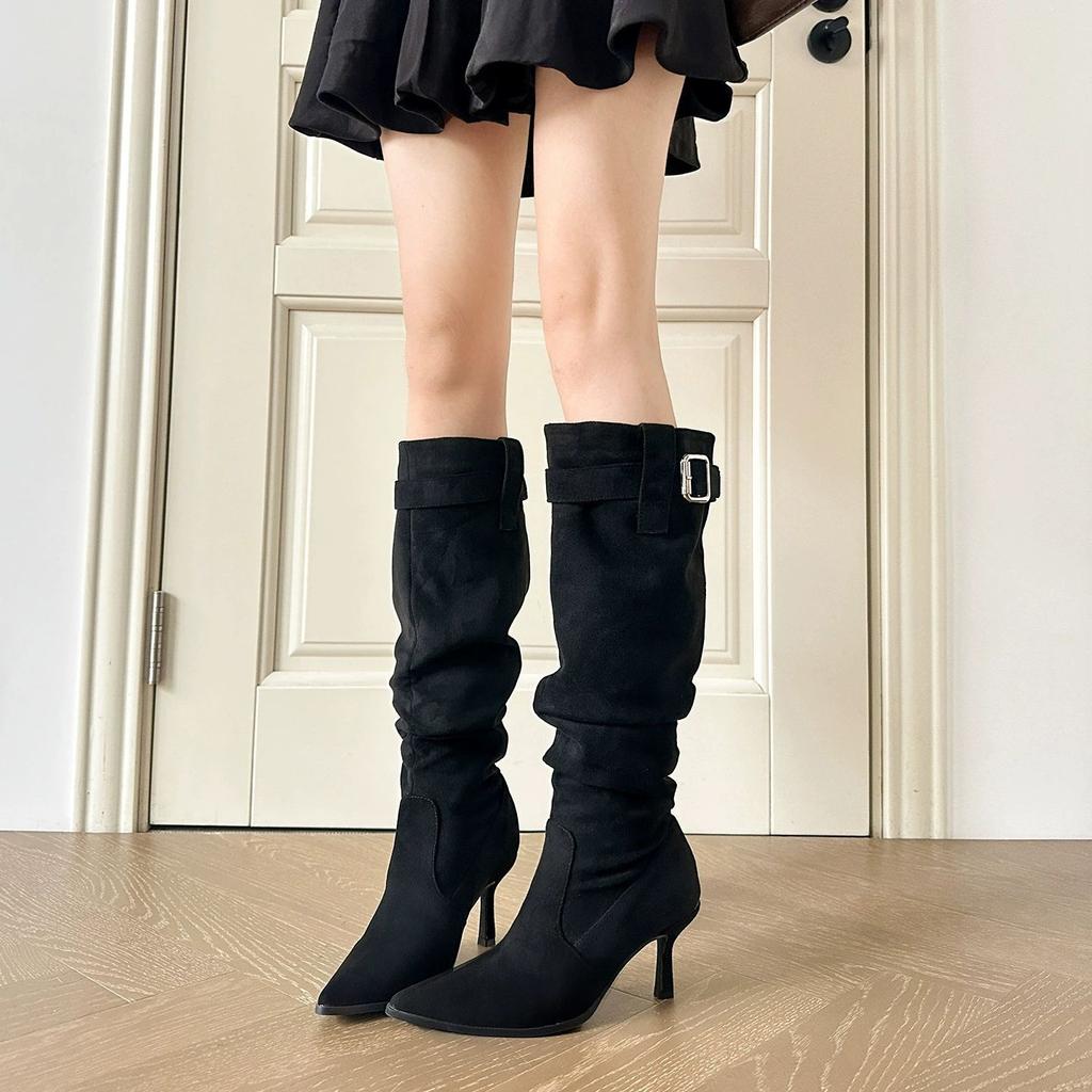 Boots stacked small pointed high heel year belt buckle boots show high boots stiletto