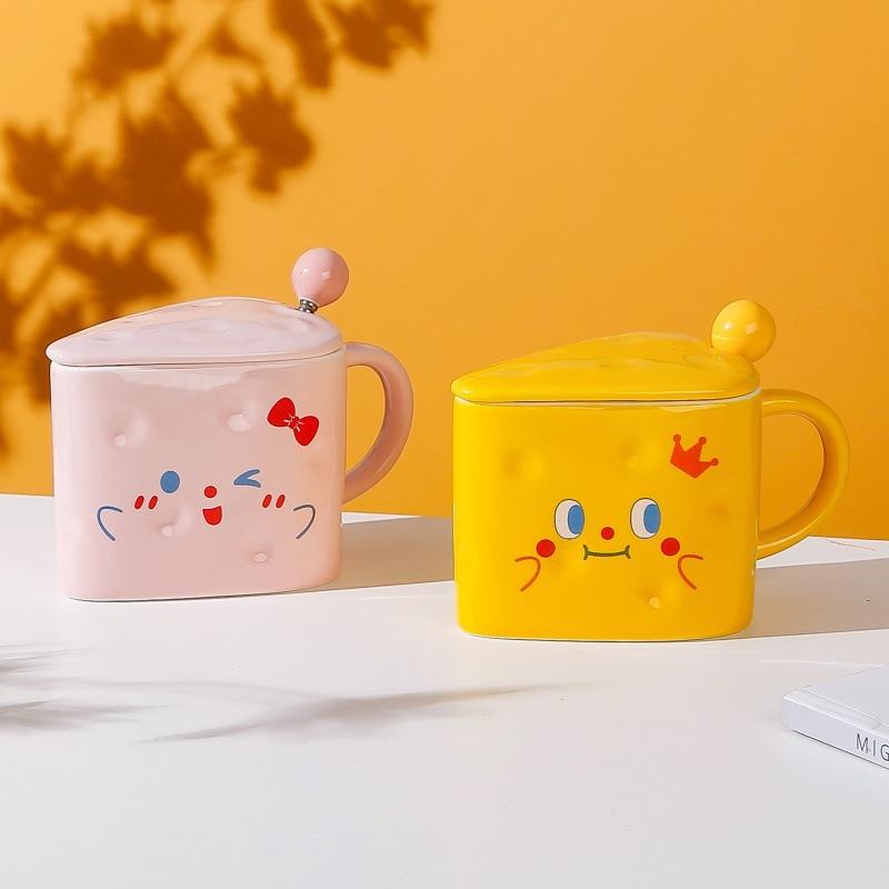 Creative Mug Cartoon Cheese Cup Ceramic Cup Cute with Lid Spoon Gift Coffee Couple Water Cup