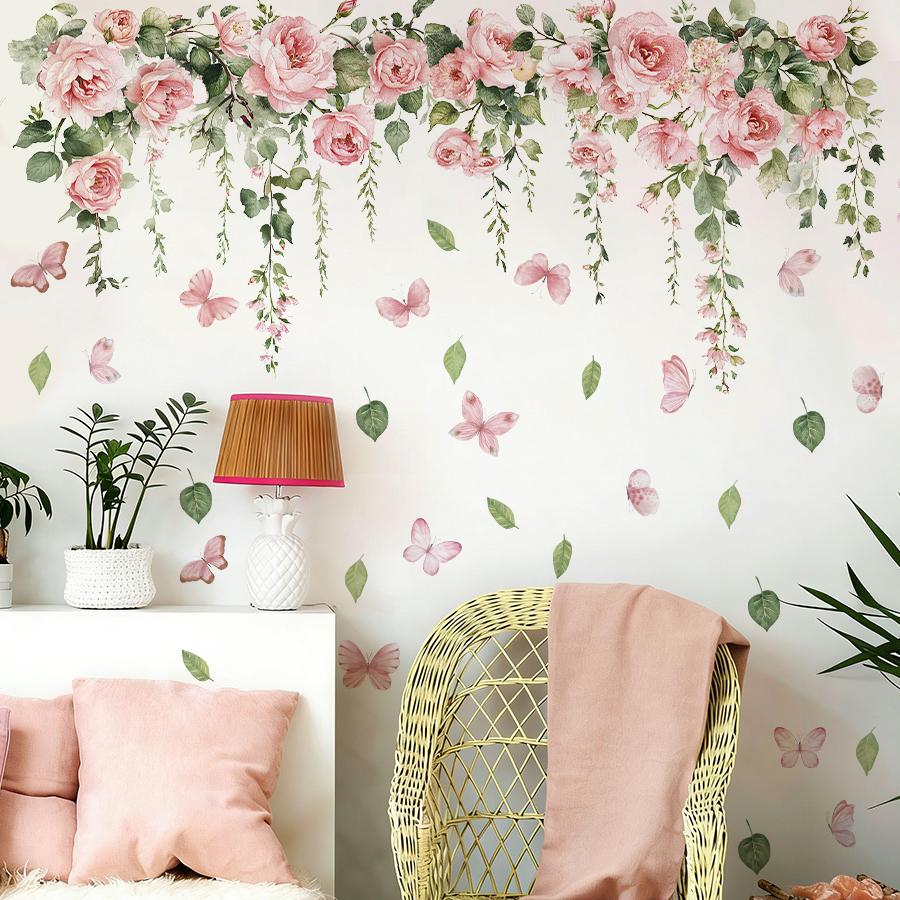 Pink Rose Butterfly Wall Stickers For Girl's Bedroom Living Room Decor Removable Peel And Stick Spring Summer