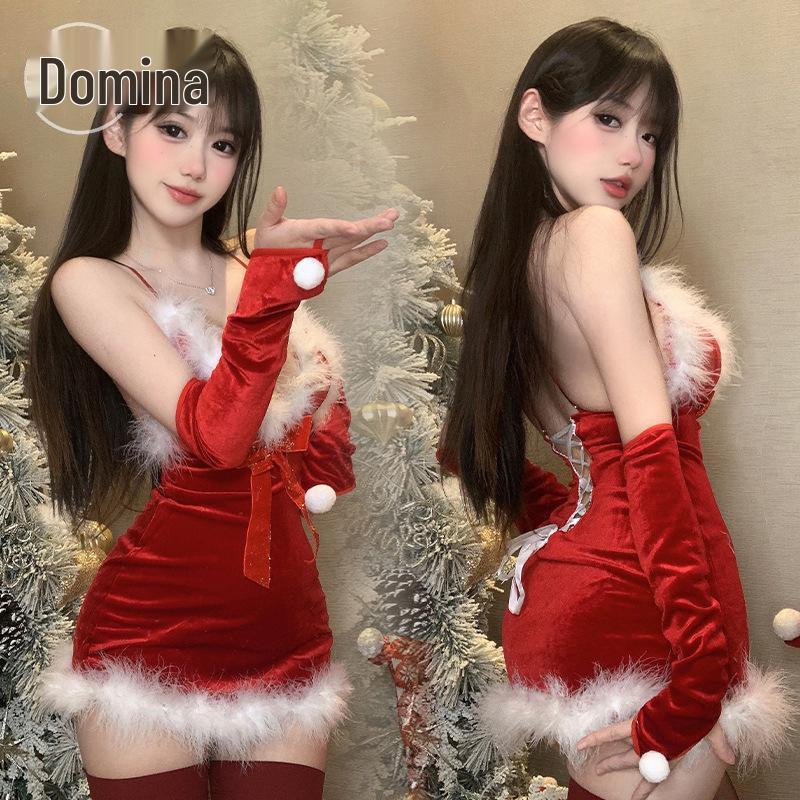Domi La Sexy Lingerie: Women's Sensual Plush Camisole Nightgown with Short Skirt - Christmas Passionate Quick-Release Uniform Set.