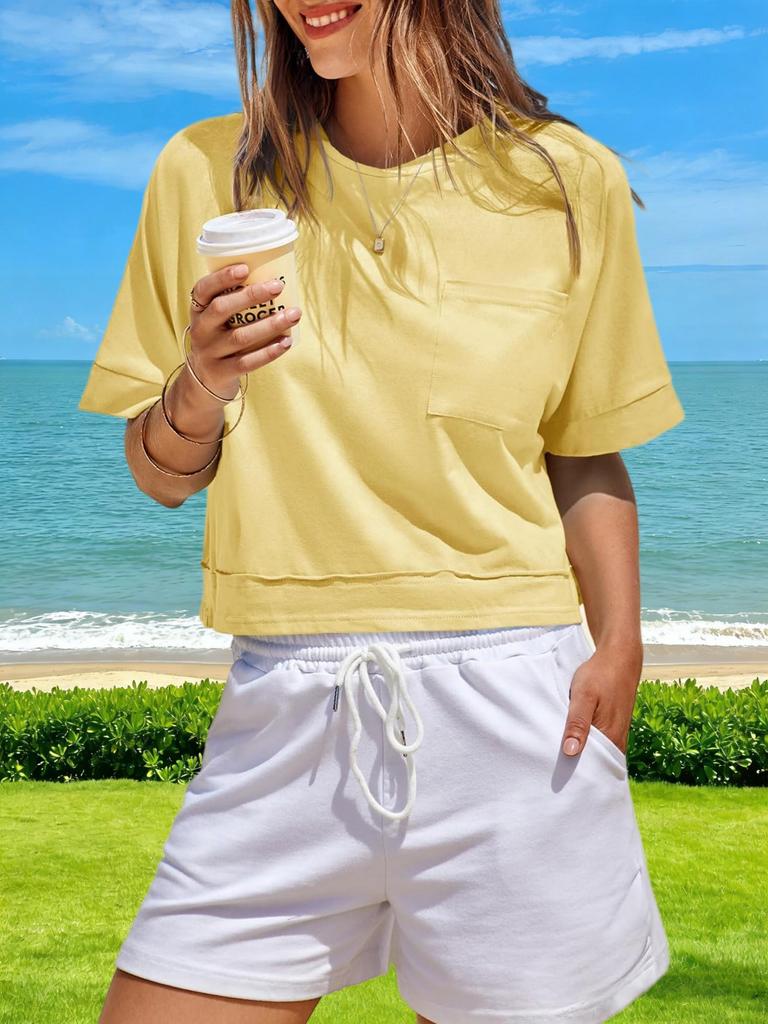 Womens Oversized Crop T Shirt Short Sleeve Workout Tee With Side Pockets