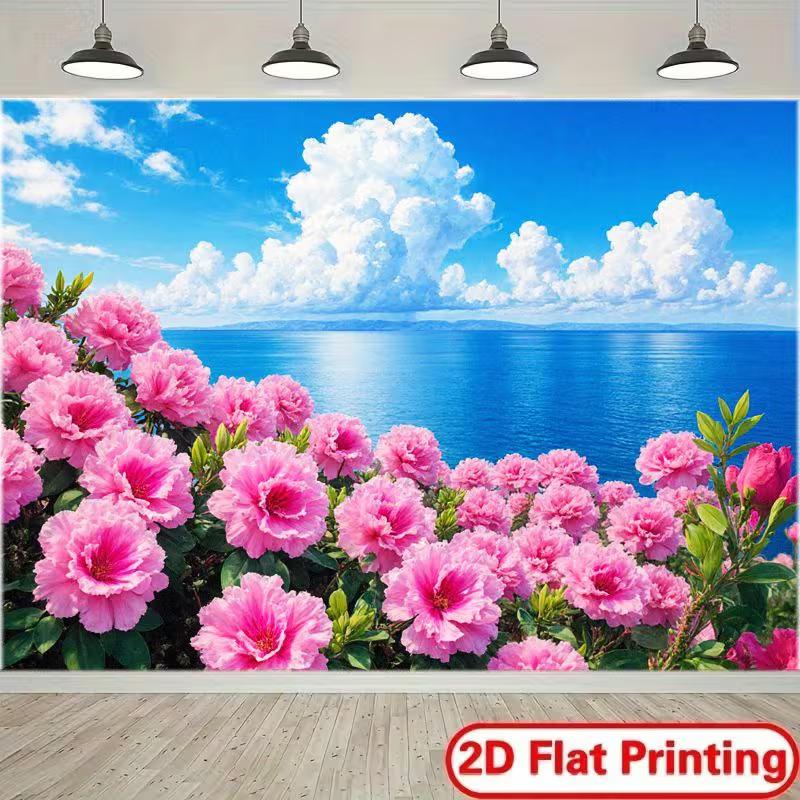 2D Coastal Scenery Backdrop, Flowers & Bright Sky Wall Decor 47.2x31.5inch/120*80cm