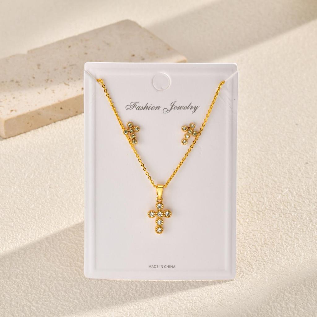 Women's Gold-Plated Cross Necklace & Zircon Stud Earrings Set in Copper