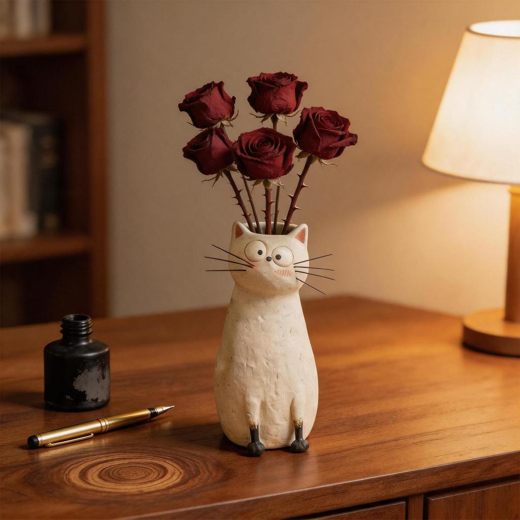 Cat Vase Resin Cat Desk Ornament Whimsical Vase for Bookshelf Mantel Entryway Living Room Dining Table Bedroom Office Balcony